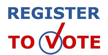 Image of the words Register to Vote with a blue circle and red check mark